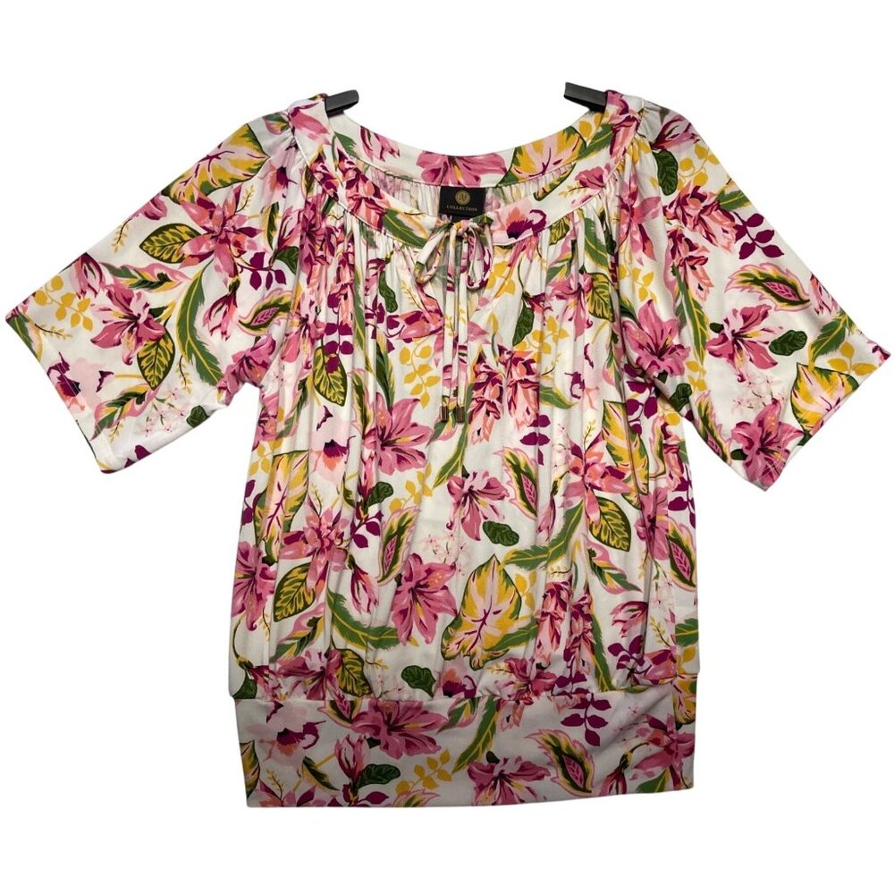 JM Collection Womens Small Floral Banded Bottom Knit Top With Tie Neck